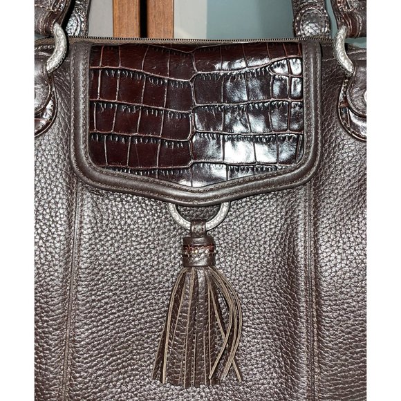 BRIGHTON Croc Embossed Brown Pebbled Leather Silver Accented Shoulder Hand Bag - Picture 3 of 13